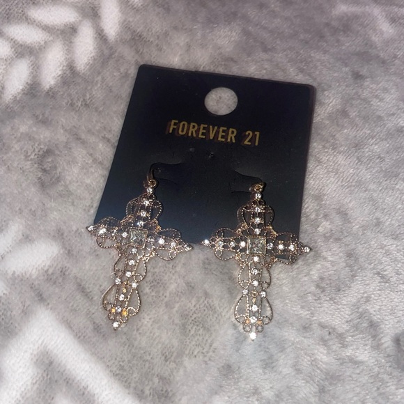 Forever 21 Gold Cross Drop Earrings With Crystals - Picture 2 of 2